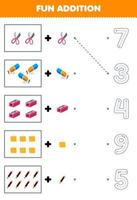 Bildung Spiel zum Kinder Spaß Zählen und hinzufügen einer Mehr Karikatur Schere Radiergummi Anspitzer Bleistift dann wählen das richtig Nummer Werkzeug Arbeitsblatt vektor