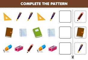 utbildning spel för barn komplett de mönster för söt tecknad serie linjal penna bok papper suddgummi pennvässare penna tryckbar kalkylblad vektor