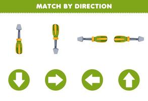 Bildung Spiel zum Kinder Spiel durch Richtung links richtig oben oder Nieder Orientierung von süß Karikatur Schraubendreher druckbar Werkzeug Arbeitsblatt vektor