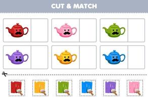 utbildning spel för barn skära och match de samma Färg av söt tecknad serie tekanna bild tryckbar verktyg kalkylblad vektor