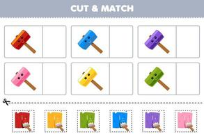 utbildning spel för barn skära och match de samma Färg av söt tecknad serie hammare bild tryckbar verktyg kalkylblad vektor