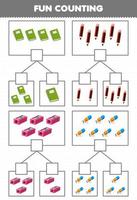 Bildung Spiel zum Kinder Spaß Zählen Bild im jeder Box von süß Karikatur Buch Bleistift Anspitzer Radiergummi druckbar Werkzeug Arbeitsblatt vektor