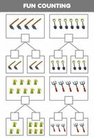 Bildung Spiel zum Kinder Spaß Zählen Bild im jeder Box von süß Karikatur Hacke Schaufel Sprühgerät Gabel druckbar Werkzeug Arbeitsblatt vektor