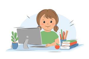 wenig Mädchen Studien mit Computer und Bücher. online Ausbildung, Zuhause Schule Konzept. Vektor Illustration