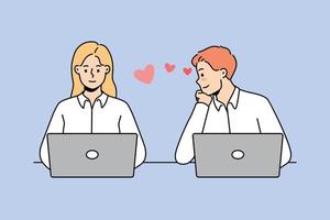 ung man i kärlek se på kvinna kollega arbetssätt tillsammans på bärbara datorer i kontor. manlig anställd beundra kvinna arbetstagare på arbetsplats. arbete romantik. vektor illustration.