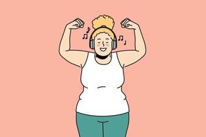 überglücklich Übergewicht Frau im Kopfhörer Hör mal zu zu Musik- tun Sport. lächelnd Fett Mädchen im Kopfhörer genießen gut Qualität Klang Ausbildung. Vektor Illustration.