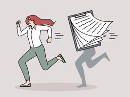 betonade kvinna anställd löpning från kontor pappersarbete. olycklig affärskvinna rusa från dokument överväldigad med jobb. arbetsbelastning. vektor illustration.