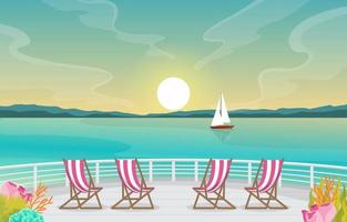 Kreuzfahrtschiff Deck mit Sonnenaufgang und Ozean Horizont Illustration