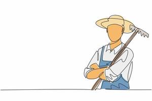 einzelne durchgehende Strichzeichnung eines jungen männlichen Landwirts, der den Arm auf der Brust kreuzt, während er die Farmgabel hält. Berufstätigkeit Beruf Beruf. Minimalismuskonzept eine Linie zeichnen Grafikdesign-Vektorillustration vektor