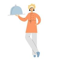 Fachmann jung Koch Frau im Uniform halten Tablett und demonstrieren Gericht. Fachmann Arbeit, Beruf minimalistisch Konzept. Koch Charakter. Restaurant Konzept. kochen. eben Vektor Illustration