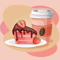 bit av kaka med choklad och jordgubb på de tallrik med papper kopp av kaffe. kaka och kaffe på beige bakgrund. affisch för kaffe hus vektor