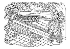 romantisk hemlighet trädgård. färg sidor. flod, bänk, träd. vektor illustration.