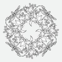 Blumen- Mandala mit Libellen, Hummeln, und Blumen. Färbung Buchseite. Vektor. vektor