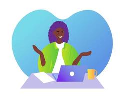 svart kvinna med bärbar dator. begrepp illustration för arbetssätt, frilansande, studerar, utbildning, arbete från Hem vektor