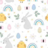 nahtlos Muster mit Hase, Regenbogen. festlich bunt Vektor zum Ostern. Hand Zeichnung. Design zum Stoff, Verpackung, drucken