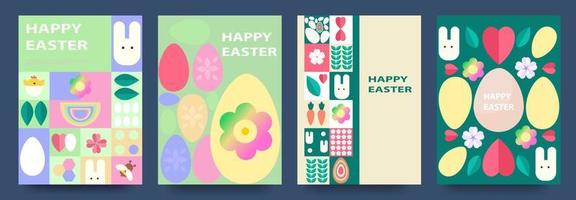 Lycklig påsk. uppsättning av vår geometrisk mosaik- kort med kanin, ägg och blommor. bakgrunder i pastell färger.vektor illustration vektor