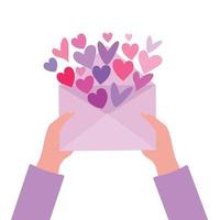 Hände halten ein Briefumschlag mit Herzen. Herz, ein Symbol von Liebe und Valentinstag Tag. Vektor Illustration