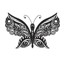 dekorativ element i de form av en fjäril i de stil av en zentangle stil. mall för de design av vykort, t-shirts, affischer, tatueringar, henna ritningar. färg bok för barn och vuxna vektor