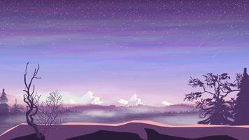 kvällslandskap, tallskog i dimma och snöiga berg, stjärnhimmel med fallande stjärnor. vektor illustration