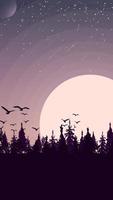 Sonnenuntergang in einem Kiefernwald, Vögel stiegen in den Himmel vektor