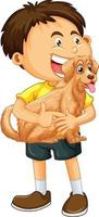 glückliche junge Zeichentrickfigur, die einen niedlichen Hund umarmt vektor