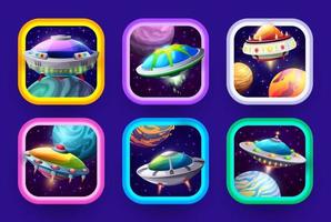 tecknad serie Plats spel app ikoner med UFO Rymdskepp vektor