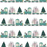 blå leksak tåg med söt gåvor och jul träd. vinter- festival sömlös mönster. vektor