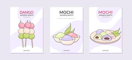 einstellen von bunt Plakate mit mochi. anders Süßigkeiten Mochi auf ein Brigth Hintergrund. japanisch traditionell Essen Vektor Illustration im Gekritzel Stil. Banner, Werbung, Werbung, Karte, Abdeckung, Poster.