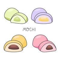 uppsättning av ljuv mochi. japansk traditionell mat vektor illustration. japansk asiatisk sötsaker. friska äter, matlagning, meny, baner, ljuv mat, efterrätt begrepp. dra i klotter stil