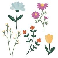 ein einstellen von Zweige und Blumen zum Dekoration. Vektor Illustration von stilisiert Pflanzen im Karikatur Stil. isoliert auf ein Weiß Hintergrund.