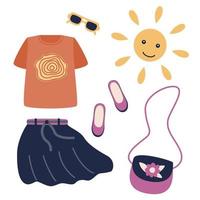 ein einstellen von Kleider und Schuhe - - Rock, T-Shirt, Schuhe, Gläser, Handtasche. Sonne. Vektor Illustration von stilisiert Dinge im Karikatur Stil. isoliert auf ein Weiß Hintergrund.