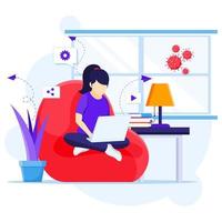 arbete hemifrån koncept, en kvinna som sitter på soffan med bärbar dator, stanna hemma i karantän under coronavirusepideminillustrationen vektor