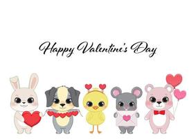 Lycklig valentine s dag kort med söt tecknad serie liten valentine hund, kanin, kyckling, råtta och Björn i kärlek och rolig tecknad serie karaktär vektor