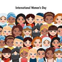 baner för internationell kvinnor s dag med en olika av kvinnor grupp tecknad serie karaktär vektor