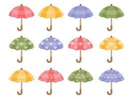 einstellen von Karikatur Regenschirm Symbole. bunt Sonnenschirme. Gelb, Grün, rot Farben. Karikatur Vektor Illustration. isoliert auf Weiß.