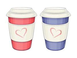 uppsättning av papper kaffe koppar. röd och blå, romantisk element. vektor illustration. isolerat på vit.