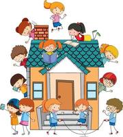 många barn gör olika aktiviteter runt huset vektor