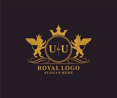 första U u brev lejon kunglig lyx heraldisk, vapen logotyp mall i vektor konst för restaurang, kungligheter, boutique, Kafé, hotell, heraldisk, Smycken, mode och Övrig vektor illustration.