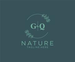 första gq brev botanisk feminin logotyp mall blommig, redigerbar förhandsgjord monoline logotyp lämplig, lyx feminin bröllop varumärke, företags. vektor