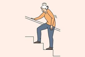 ohälsosam äldre kvinna gående övervåningen lida från smärta eller värk. sjuk mogna mormor kamp klättrande trappa inomhus. vektor illustration.