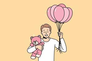 lächelnd jung Mann mit Luft Luftballons und Teddy Bär im Hände Herstellung Überraschung zu liebend Freundin. glücklich Kerl machen Geschenk oder Geschenk zu Liebhaber auf Geburtstag oder Jubiläum. Vektor Illustration.