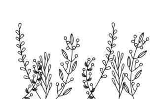 svart silhuetter av gräs, blommor och örter isolerat på vit bakgrund vektor