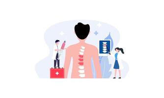 winzig Ärzte Prüfung Rücken Knochen von geduldig Illustration. Gesundheit, Behandlung, Osteopathie, Anatomie Konzept vektor