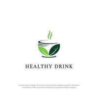 frisch gesund trinken Logo Design Vektor, Tasse mit Blatt und Rauch eben Design Vorlage vektor