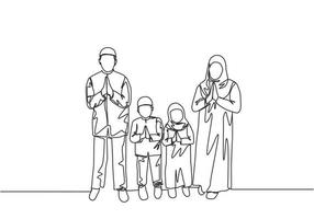 eid Mubarak Gruß Karte, Poster und Banner Design Hintergrund. Single kontinuierlich Linie Zeichnung von Muslim arabisch Familie - - Mutter, Papa und zwei Kinder. eid al fitr einer Linie zeichnen Vektor Illustration