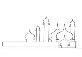 enda kontinuerlig linje teckning av moské, masjid kupol och masjid torn prydnad. eid al fitr mubarak och ramadan kareem hälsning kort begrepp ett linje dra design vektor illustration