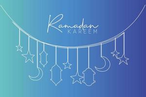 Ramadan kareem Gruß Karte, Poster und Banner Design Hintergrund. einer Single Linie Zeichnung von islamisch Ornament mit Monde, Sterne, Laternen und Lampen. kontinuierlich Linie zeichnen Vektor Illustration