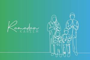 ramadan kareem hälsning kort, affisch och baner design. ett enda linje teckning av Lycklig muslim islamic familj - far, mor, dotter och son. eid mubarak kontinuerlig linje dra vektor illustration
