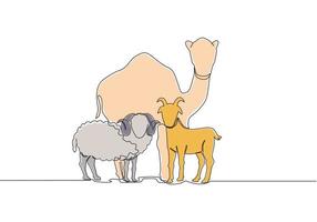 ett kontinuerlig linje teckning av får, kamel och get. muslim Semester de offra ett djur- till Gud, eid al Adha hälsning kort begrepp enda linje dra design illustration vektor