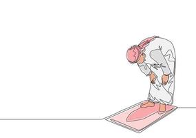 einer Single Linie Zeichnung von Muslim Person beten salat auf Sajada beim Ruku Position im shmag traditionell arabisch Tuch. eid Mubarak Gruß Karte Konzept kontinuierlich Linie zeichnen Design Vektor Illustration